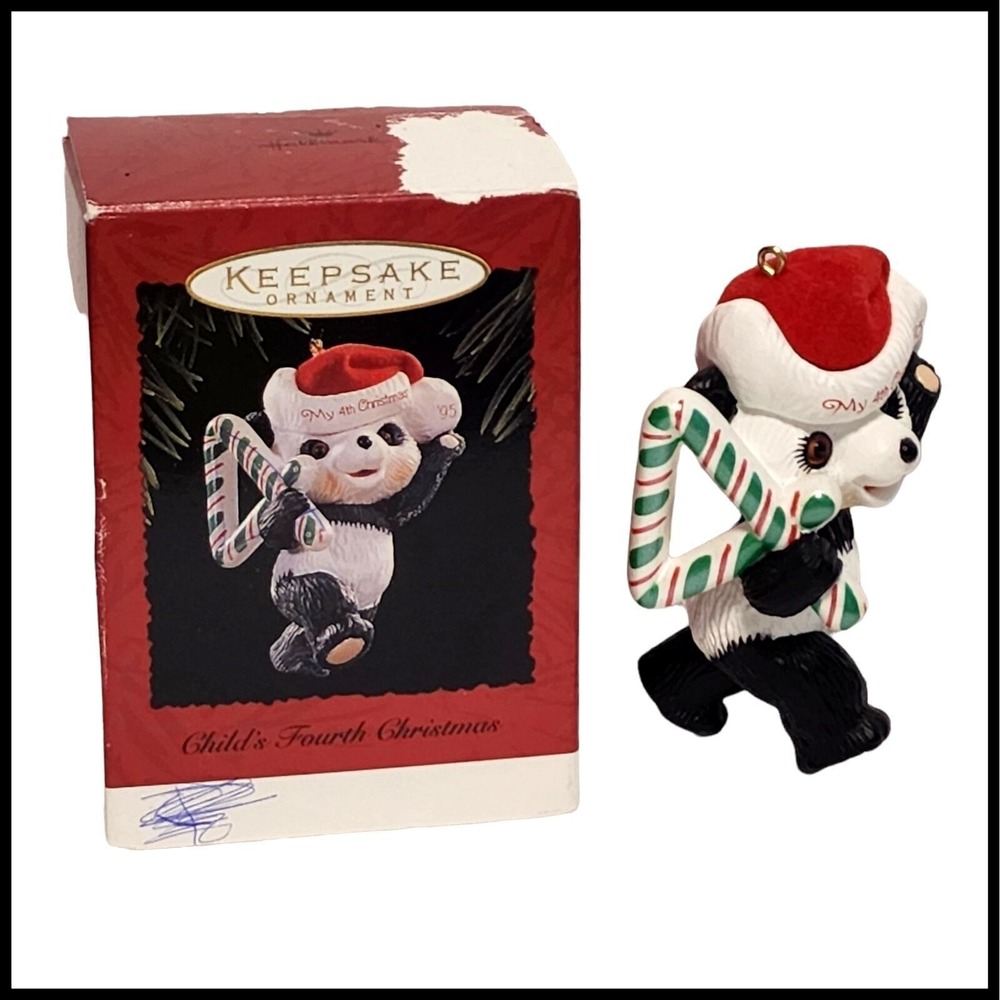 Hallmark Keepsake Ornament My 4th Christmas 1995 Panda Candy Cane Santa Hat